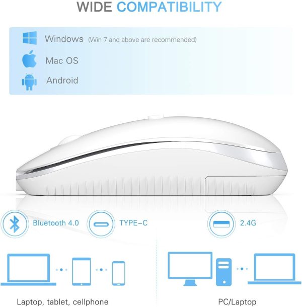 VssoPlor Bluetooth Wireless Mouse, Easy Switch to 3 Device, Rechargeable Type C Mouse Compatible with MacBook, Laptop, Windows Mac OS Quiet Clicking Mouse-White and Silver - Image 4