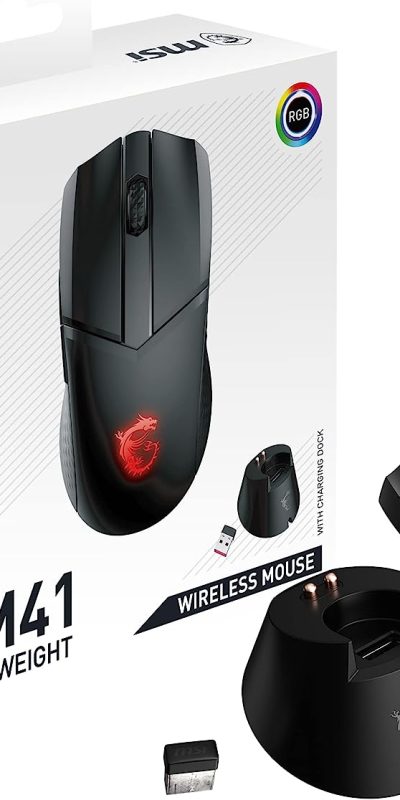 MSI Clutch GM41 Lightweight Wireless Gaming Mouse & Charging Dock, 20,000 DPI, 60M Omron Switches, Fast-Charging 80Hr Battery, RGB Mystic Light, 6 Programmable Buttons, PC/Mac